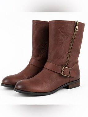 Ann‎ Taylor brown leather mid calf buckle boots Sherpa lined women’s size 9